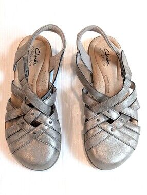 CLARKS Elizabelle Sea Fishermans Silver Strappy Slingback Sandals Size 7.5